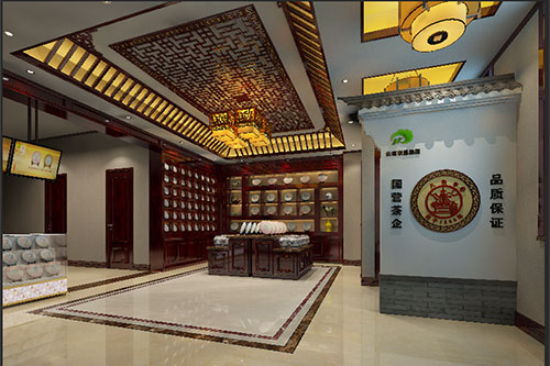 涧西古朴典雅的中式茶叶店大堂设计效果图